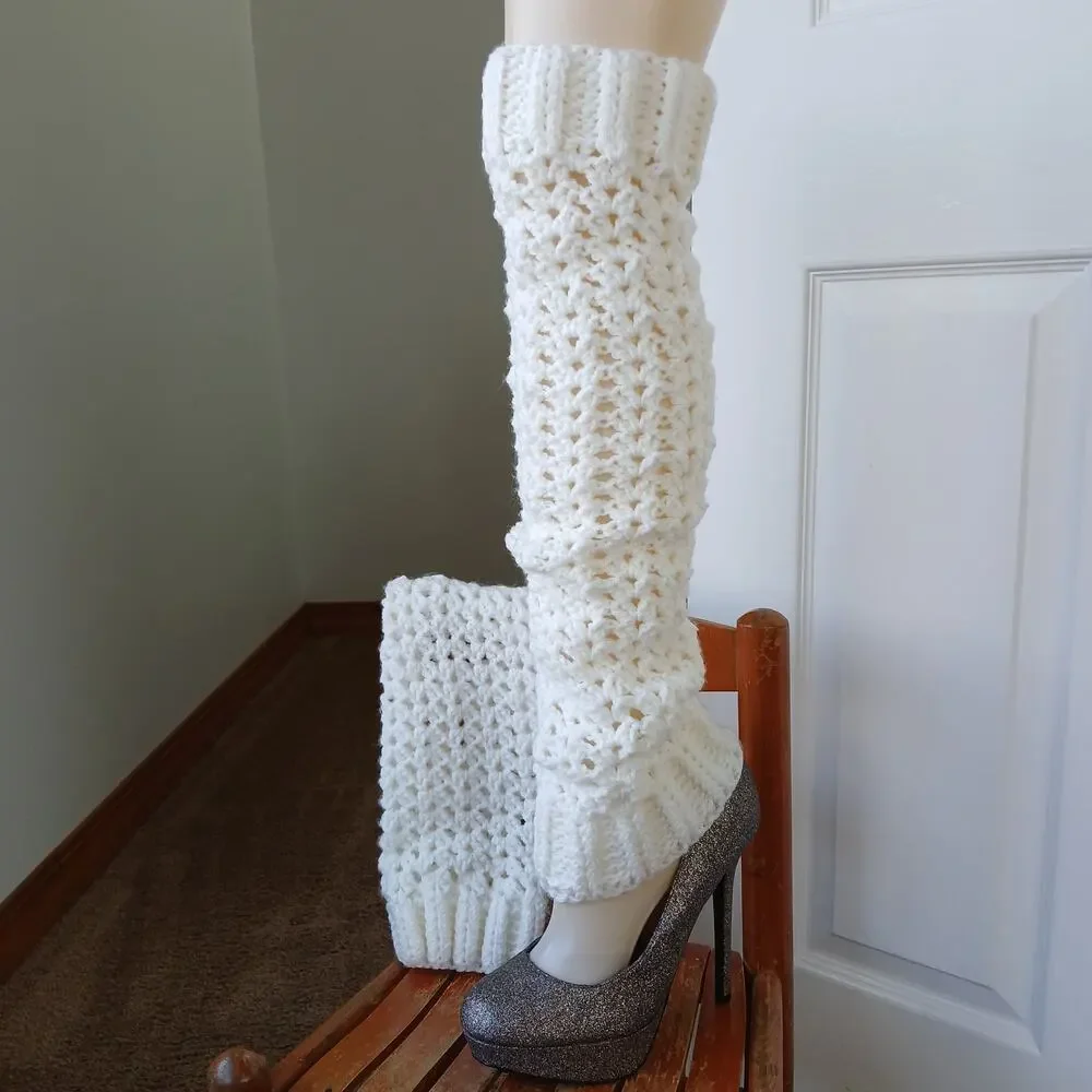 White Leg Warmers OSFM crochet warm thick chunky over the knee dance premade